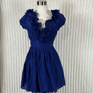 Celestial blue silk blend ruffle trim cap sleeve wrap mini dress M